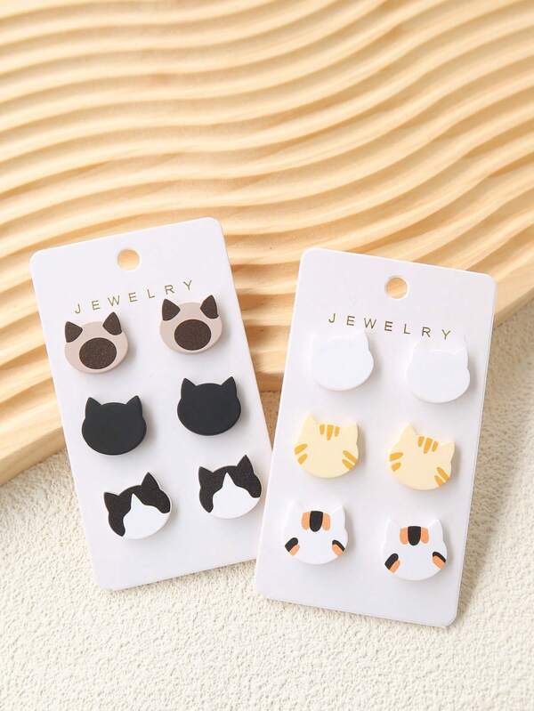1set (3pairs) Cute Animal Cat Shape Ear Studs With Imitation Soft Ceramic Acrylic Coated Paint, Interesting Personality Ins Style Cat Ear Jewelry