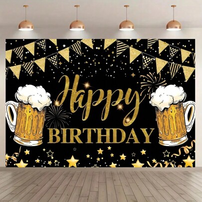 1pc Birthday Party Decoration Banner, Black Gold Birthday Beer Party Banner, Happy Birthday Polyester Photo Background, Party Photo Background Decoration, Indoor And Outdoor Home Decoration, Universal Theme