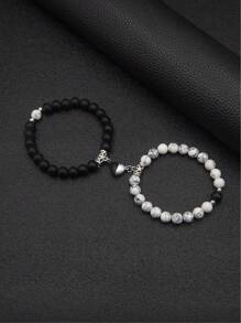 2pcs/Set Magnetic Heart Couple Bracelets, Bead Bracelet, Versatile Colors & Styles Suitable For Daily Wear, Parties, Great Gift For Boyfriend