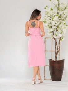 V761 Tailored Midi Dress With Straps - Baby Pink - View 2