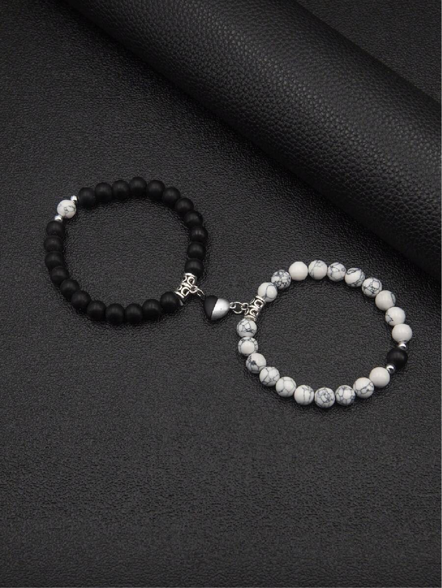 2 件/套磁性心形情侣手链,串珠手链,多种颜色和款式适合日常佩戴、聚会,是送给男朋友的绝佳礼物 - 混色 - 查看 1