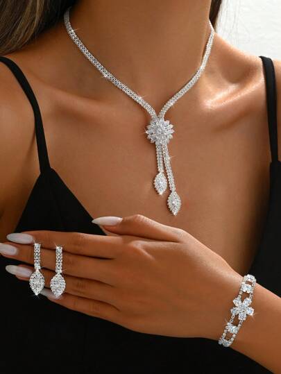 四件套花朵首饰套装：项链、耳环、手链，适合新娘/婚礼/派对/情人节等场合佩戴。