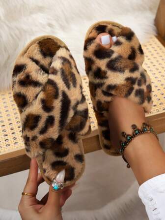 女士交叉带防滑耐磨露趾低跟毛茸茸交叉拖鞋，舒适的家居服，带合成毛皮