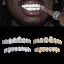 THATBOY 2PCS BlingBling Hip Hop Iced Teeth Grills - Dazzling AAAAA Plus Cubic Zirconia Grillz Teeth, 20 Top & Bottom Grillz Teeth Set - Secure And Adjustable Fit For Rapper Star Show-Stopping, Fashion-Forward Cool And Handsome Look