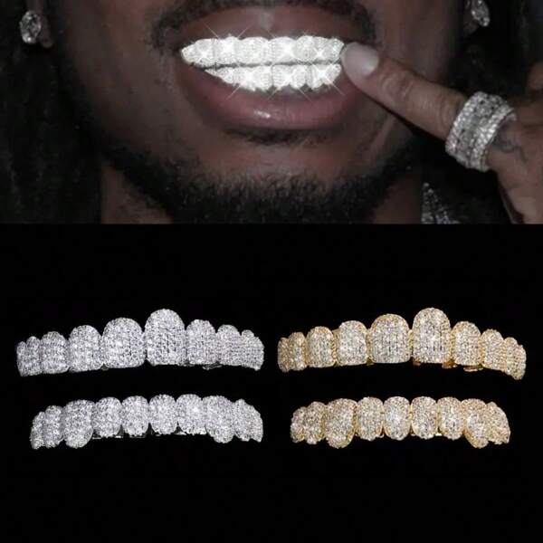 THATBOY BlingBling Hip Hop Iced Teeth Grills - Dazzling AAAAA Plus Cubic Zirconia Grillz Teeth, 20 Top & Bottom Grillz Teeth Set - Secure And Adjustable Fit For Rapper Star Show-Stopping, Fashion-Forward Cool And Handsome Look