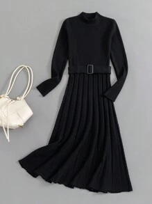 Autumn Winter A-Line Women Long Knit Sweater Dress - Black - View 1