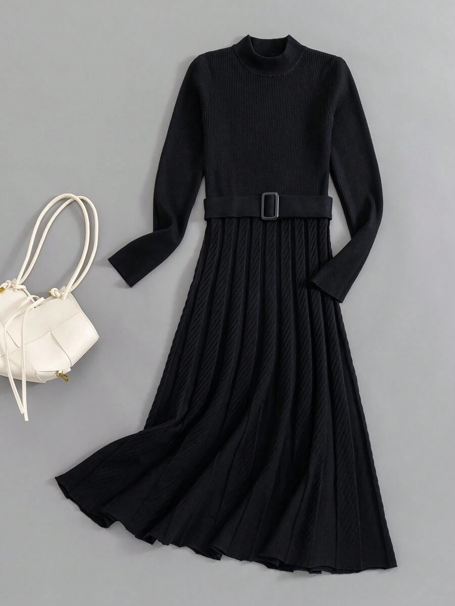 Autumn Winter A-Line Women Long Knit Sweater Dress - Black - View 1