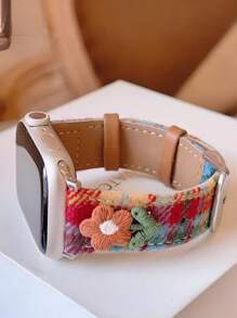1 pièce Sangle en PU tricotée à carreaux colorés et fleuris compatible avec Apple Watch bande S10 42/46 mm 49 Ultra. Bracelet pour femmes compatible avec Apple Watch 9 8 7 6 SE 5 4 3 2. Automne hiver Saint-Valentin