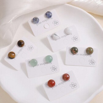 1 对 12 毫米圆形天然石耳钉，不锈钢柱虎眼石/绿玛瑙/白绿松石/白色白纹石耳环，女士时尚珠宝，圣诞节/新年/情人节礼物