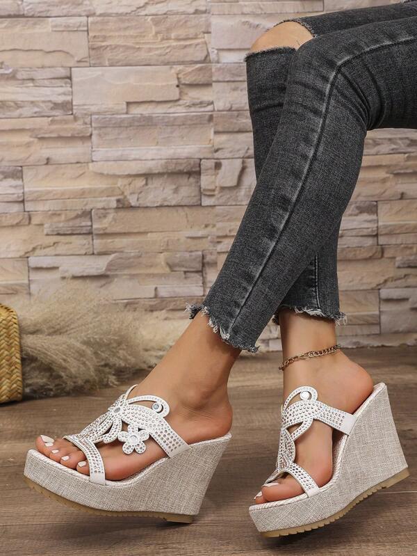 Plus Size Women's Fashion Wedge Heel Platform Slides, Rhinestone Decorated, Elegant & Personalized Outdoor Wear Dress Sandals
