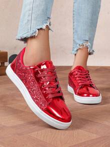 4-Season Glitter Fashionable Shiny Festive Red Casual Comfortable Shoes, Suitable For Daily Commute, Celebrations, Durable, Low-Top, Wedding, Women's Athletic Shoes (Select One Size Up For Wide Feet)
