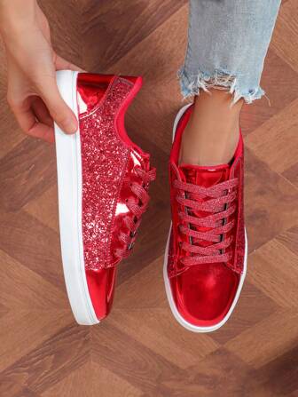 Autumn/Winter Glitter Fashion Shiny Sequin Festive Red Shoes, Casual & Comfortable, Suitable For Daily Commute, Celebrations, Durable, Low-Top, Wedding, Women's Sneakers (Select One Size Up For Wide Feet)