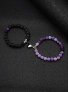 2pcs/Set Magnetic Heart Couple Bracelets, Bead Bracelet, Versatile Colors & Styles Suitable For Daily Wear, Parties, Great Gift For Boyfriend