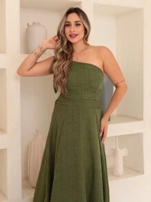 Victoria Long Luxury Dress Plain Duna Linen With Bow One Shoulder - Olive Green - View 5