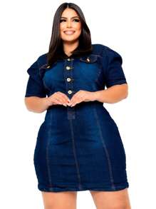 Plus Size Denim Dress With Puff Sleeves - Azul - Ver 2