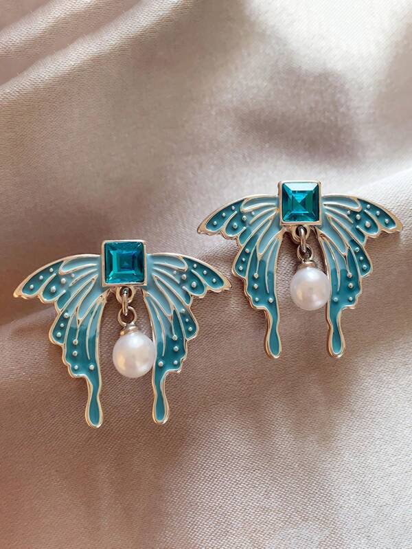 1pc Ombre Blue Cubic Zirconia Rhinestone Butterfly Faux Pearl Stud Earrings, Elegant & Unique, Suitable For Valentine's Day Gift, Dating, Wedding, Party