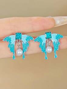 1pc Ombre Blue Cubic Zirconia Rhinestone Butterfly Faux Pearl Stud Earrings, Elegant & Unique, Suitable For Valentine's Day Gift, Dating, Wedding, Party