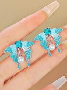 1pc Ombre Blue Cubic Zirconia Rhinestone Butterfly Faux Pearl Stud Earrings, Elegant & Unique, Suitable For Valentine's Day Gift, Dating, Wedding, Party