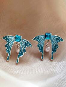 1pc Ombre Blue Cubic Zirconia Rhinestone Butterfly Faux Pearl Stud Earrings, Elegant & Unique, Suitable For Valentine's Day Gift, Dating, Wedding, Party