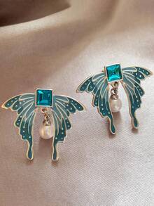 1pc Ombre Blue Cubic Zirconia Rhinestone Butterfly Faux Pearl Stud Earrings, Elegant & Unique, Suitable For Valentine's Day Gift, Dating, Wedding, Party