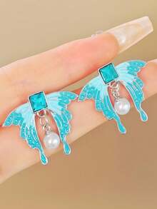 1pc Ombre Blue Cubic Zirconia Rhinestone Butterfly Faux Pearl Stud Earrings, Elegant & Unique, Suitable For Valentine's Day Gift, Dating, Wedding, Party