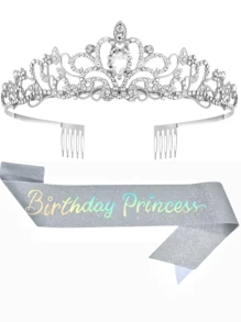 2pcs/Set Rhinestone Crystal Rose Gold Silver Crown Tiara Birthday Princess Gold Onion Glitter Sash Ribbon And Crown For Women Birthday Princess Party Decorations Accessories The Wedding Party. Bridal Headwear. Bachelorette Party Lady Headwear Decoration Courtship Valentine's Headdress Decoration