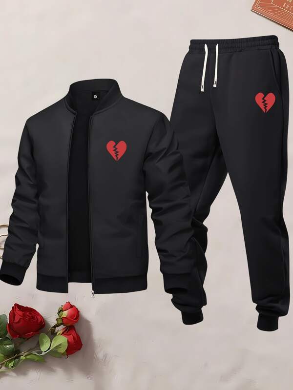 Men's Broken Heart Print Bomber Jacket With Drawstring Elastic Waist Jogger Pants 2 Pieces Casual Tracksuit For Outdoor Daily Wear, Fall Clothes