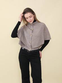 Cardigan lavorato a maglia con scollo tondo e stile poncho, versatile e alla moda - Cachi - Visualizzare 4