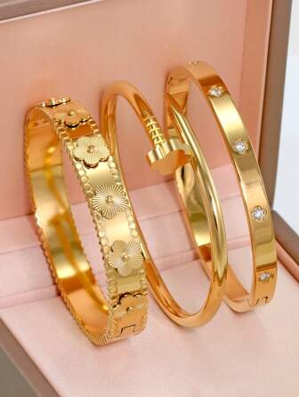 3 件 18K 镀金不锈钢花朵钉子手镯，镶嵌方晶锆石，防水，欧美风格女士珠宝，适合日常佩戴、休闲、婚礼、派对、情人节礼物 情人节、妈妈、母亲、母亲节、礼物