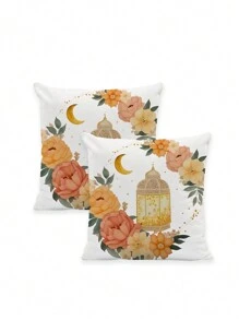 غطاء وسادة رمضان 2 قطعة، بنمط هندسي ذهبي وأبيض، بطراز المزرعة، بركات رمضان، ديكور رمضان، عطلة رمضان، هدية رمضان، غطاء وسادة مربعة للمنزل للصالة والغرفة والكرسي، مناسب لجميع المواسم (لا يشمل الحشوة) - رمضان أ - مشاهدة 4