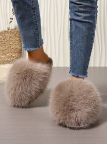 Chinelos de Pele Sintética Slip-On de Moda Feminina, Chinelos Flat para Uso Externo, Fechados e Antiderrapantes, Estilo Coreano, Quente para Uso Doméstico no Outono/Inverno - Caqui - Visão 4