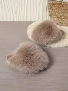Chinelos de Pele Sintética Slip-On de Moda Feminina, Chinelos Flat para Uso Externo, Fechados e Antiderrapantes, Estilo Coreano, Quente para Uso Doméstico no Outono/Inverno - Caqui - Visão 7