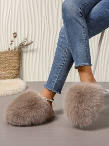 Chinelos de Pele Sintética Slip-On de Moda Feminina, Chinelos Flat para Uso Externo, Fechados e Antiderrapantes, Estilo Coreano, Quente para Uso Doméstico no Outono/Inverno - Caqui - Visão 6