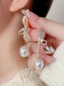 1pair High-End Luxurious Faux Pearl & Rhinestone Decor Butterfly Shaped Dangle Earrings For Women, Fashionable & Personalized Ear Studs - Yellow Gold - View 2