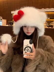 Cute Bowknot Plush Earflap Hat, Thick Fluffy Winter Warm Cap For Women Daily Use In Autumn And Winter, White Christmas - Multicolor - View 2