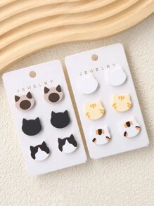 1 套（3 对）可爱动物猫形耳钉，仿软陶瓷丙烯酸涂层漆，有趣的个性化 Ins 风格猫耳饰品 - 貓咪 - 查看 2