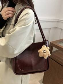 1 件 PU 材质搭配星星毛绒吊坠，简约纯色拼接，女士大容量手提包、单肩包、手提包适合女性日常旅行，商务旅行的多功能包，送礼给好朋友的小礼物 - 彩色 - 查看 7