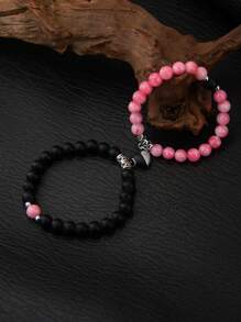 2pcs/Set Magnetic Heart Couple Bracelets, Bead Bracelet, Versatile Colors & Styles Suitable For Daily Wear, Parties, Great Gift For Boyfriend