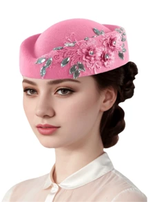 1Pc Felt Turban Fascinator Hats Pillbox Hats For Women Derby Hat With Flower Embellished Elegant Ladies Tea Party Hats Vintage Beret Hat Decorated With Rhinestone Fashion Fedoras Cap For Cosplay Costume Accessories For Wedding Party Women Ladies Gift 2024 New Style. - Multicolor - View 17