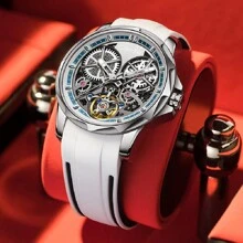 ColevKie 1pc Men Silver Color Silicone Band Waterproof Simple Fashion Sport Hollow Automatic Mechanical Watch, Suitable For Daily Decoration