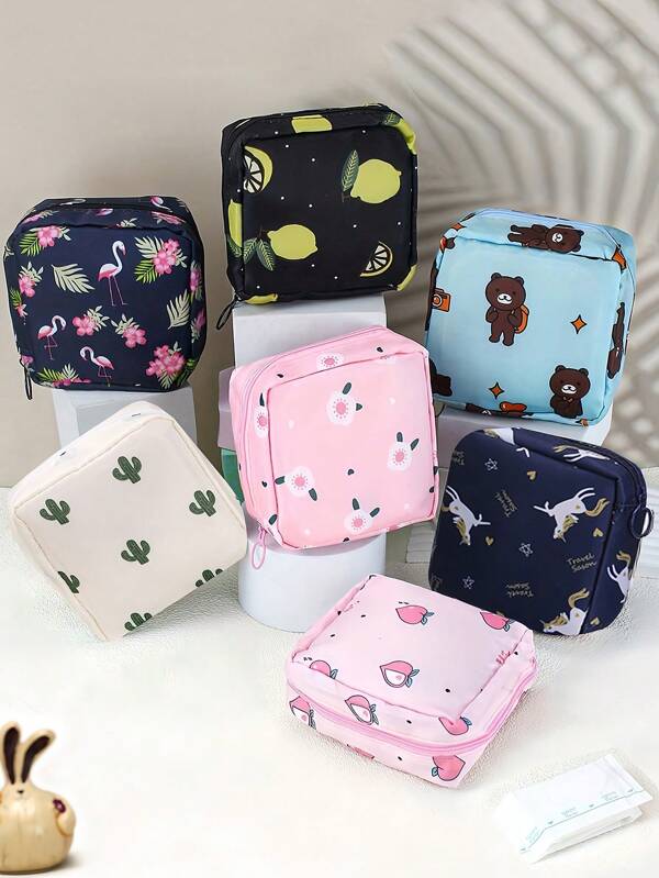 1 pièce Sac de rangement multifonction imperméable et mignon en style dessin animé - grande capacité, sac de rangement pour serviettes hygiéniques, sac de rangement pour cosmétiques, essentiels de voyage pour étudiants, sac pour crayons, portefeuille, sac de rangement pour articles de papeterie (la position d'impression du motif n'est pas fixe), Vibes Bohème
