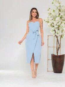 V761 Tailored Midi Dress With Straps - 淺藍色 - 查看 3