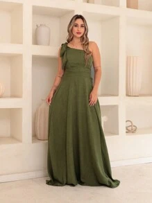 Victoria Long Luxury Dress Plain Duna Linen With Bow One Shoulder - Olive Green - View 1