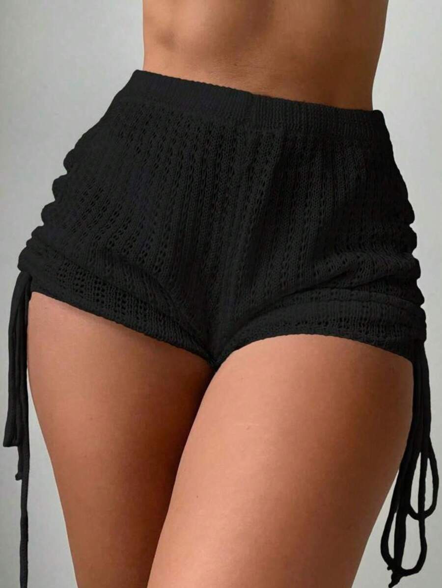 Knitted Beach Shorts With High Waistband And Adjustable Crochet On The Side - màu đen - Xem 1