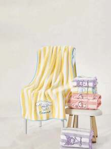 Sanrio 1pc Sanrio Cute Cartoon Themed Bath Towels, Super Absorbent Coral Velvet Bath Towels, Modern Striped Designs, Cute Character Embroidery, Knitted Fabrics - Ideal For Bathing And Wiping Hair