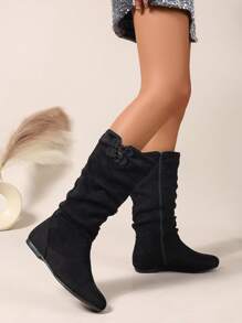 Czarne zamszowe buty z marszczeniami i suwakiem, zdobione chińskim węzłem, okrągły nosek, płaskie, wygodne, uniwersalne i eleganckie modne buty dla kobiet - Czarne - Zobacz 5