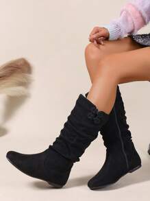 Czarne zamszowe buty z marszczeniami i suwakiem, zdobione chińskim węzłem, okrągły nosek, płaskie, wygodne, uniwersalne i eleganckie modne buty dla kobiet - Czarne - Zobacz 8