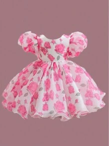 1pc Young Girl Printed Dress, Suitable For Banquets