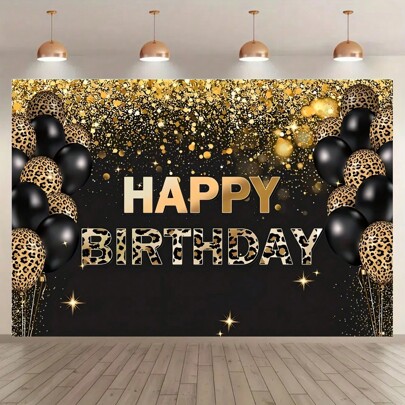 1pc Queen's Birthday Background Cloth, Suitable For Ladies' Birthdays, Leopard Print Black And Gold Leopard Print Balloon Photography Background, For PROM Birthday Party Decoration Supplies, Banner Cake Table Props