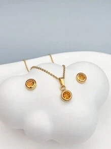 3pcs/Set Fashion Women's 18K Gold Plated Stainless Steel Round Cubic Zirconia Necklace And Earrings Set. Suitable For Christmas, New Year, Birthday, Valentine's Day And Dancing Parties, As Well As Perfect Choice For Wedding, Bohemian Vacation Style,Mom,Mother,Mother's Day,Gift - Green - View 14